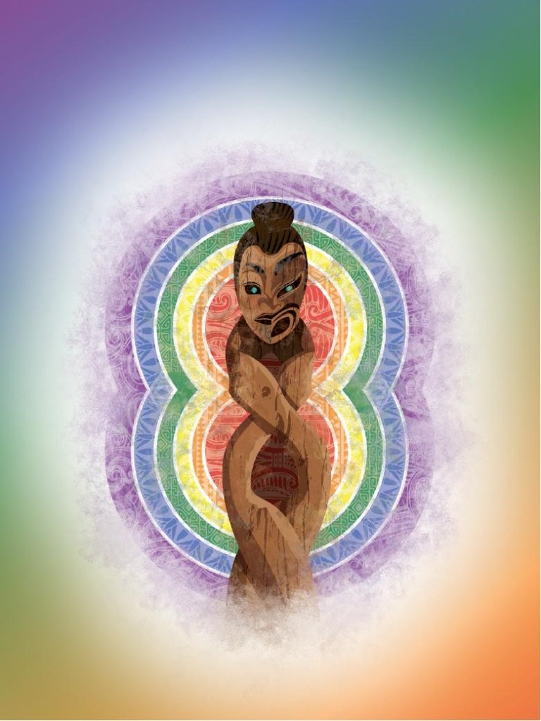 The Pikorua (twist) in the body represents the journey of our lives—the difficulties and celebrations—as well as the connection of people and the joining of different cultures. Complementing this, the multicultural rainbow behind the Pouwhenua holds space for all of this to occur. The two sides of the carved faces represent the eternal interweave and fluid nature of the sacred masculine (Whatukura) and feminine (Mareikura) energies.