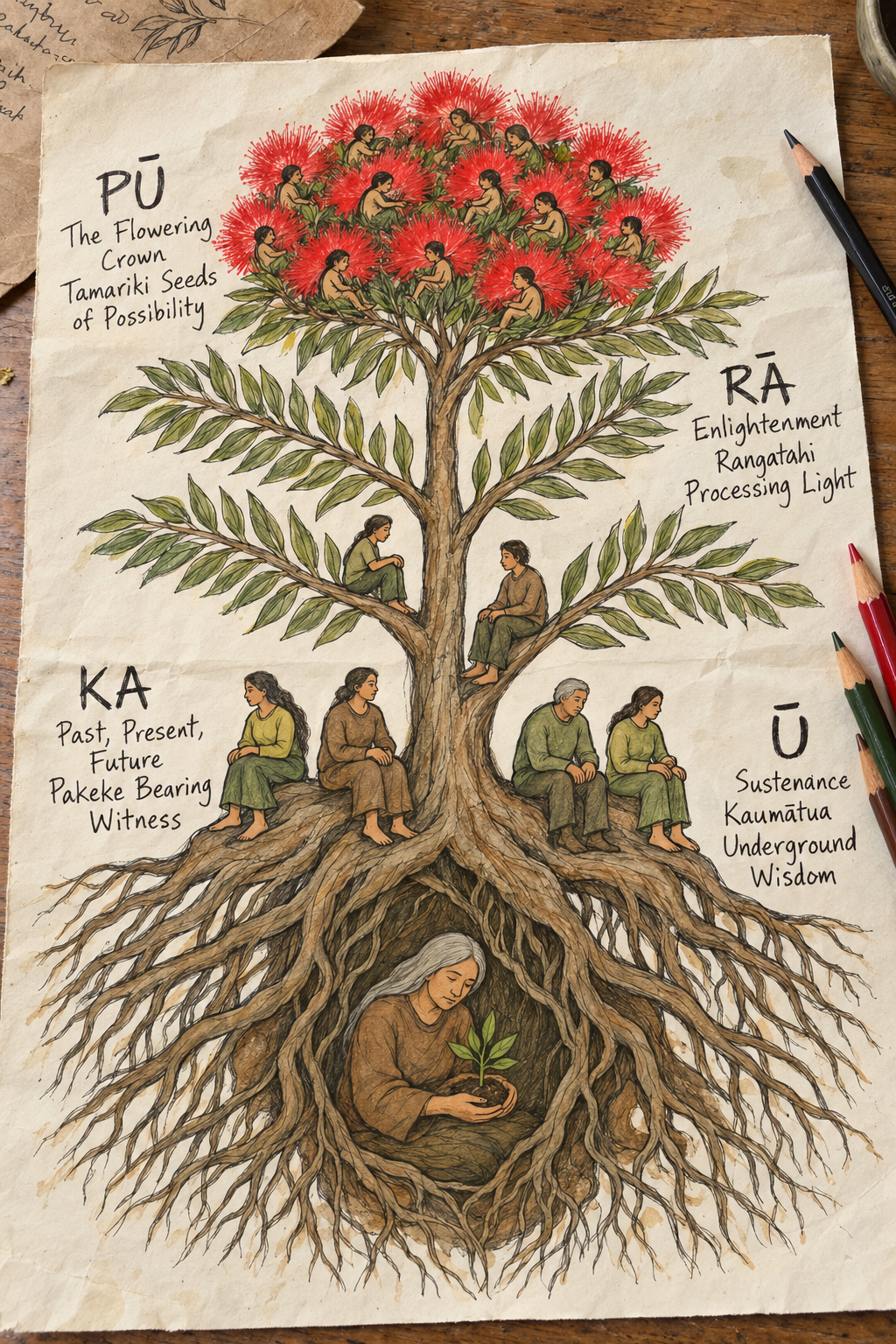 A hand-drawn rākau showing the four phases of Pū-Rā-Ka-Ū; Pū as the flowering crown, Rā as the branches, Ka as the trunk with pakeke, and Ū as the roots holding a kaumātua with a seedling.